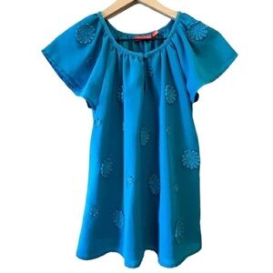 Women's S Elle BOHO blouse Teal Accent Flowers Sheer Flowy
